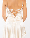 Lucy in the Sky Satin V-Drop Waist Dress in Champagne