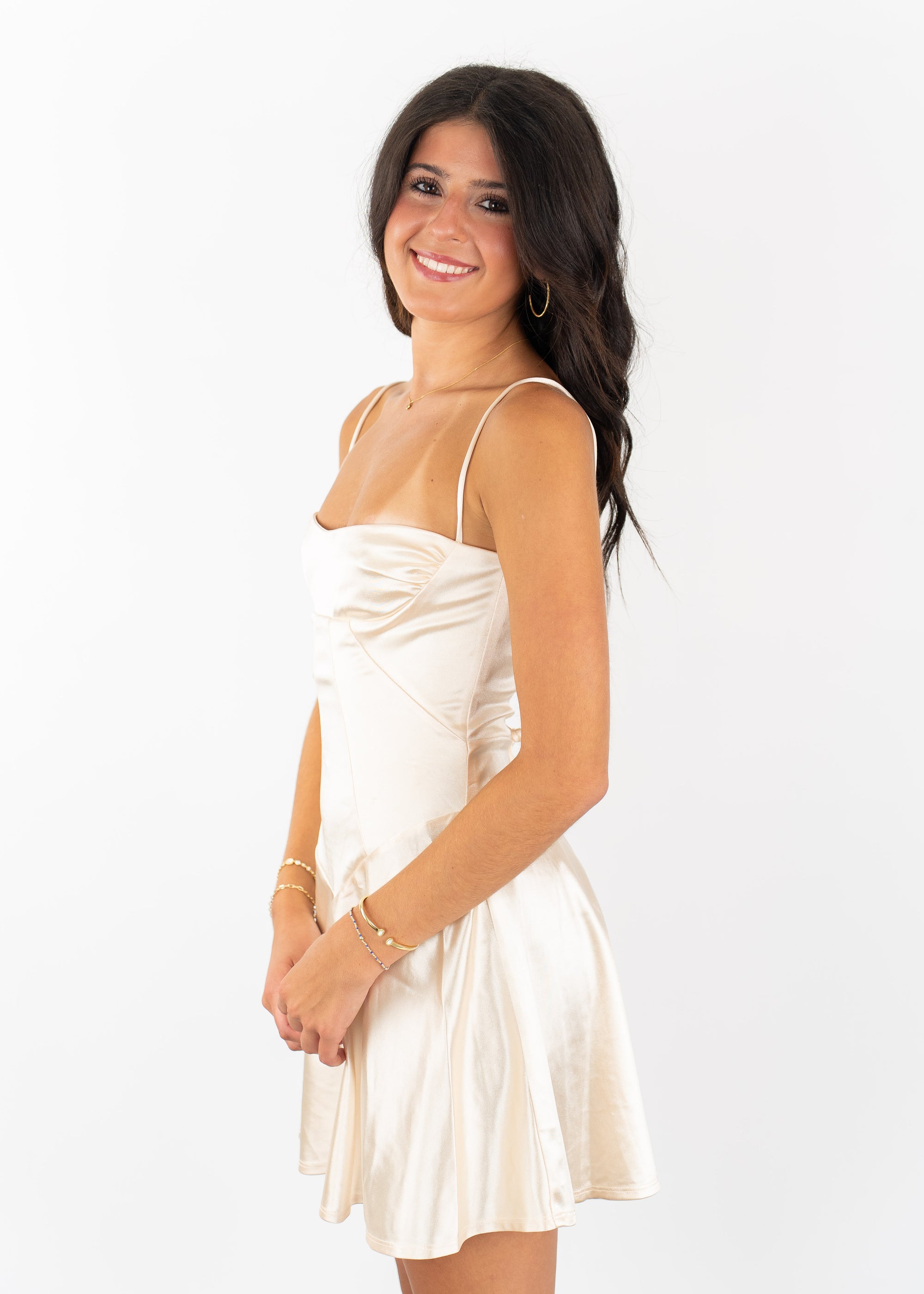 Lucy in the Sky Satin V-Drop Waist Dress in Champagne – SANITY