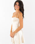 Lucy in the Sky Satin V-Drop Waist Dress in Champagne
