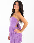 Lucy in the Sky Shimmer Pleated Ruffle Dress in Purple