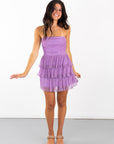 Lucy in the Sky Shimmer Pleated Ruffle Dress in Purple