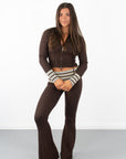 Slim Fit Zip Up Knit Sweater Hoodie with Striped Cuffs