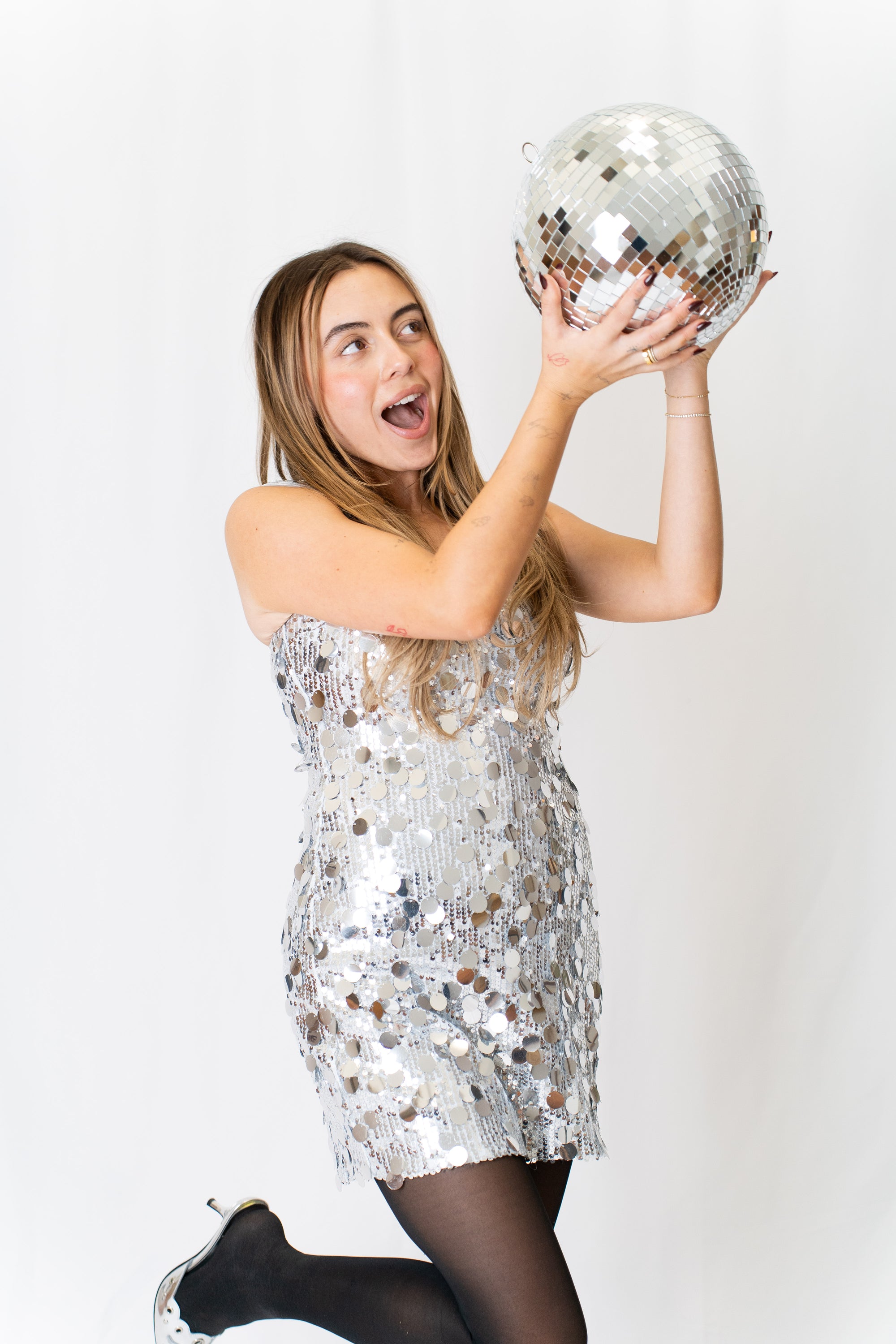 circle sequin dress boohoo Women's Disc Sequin Blouson Shift Dress - Silver