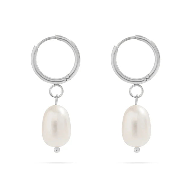 Freshwater Pearl Huggie Hoops - Silver