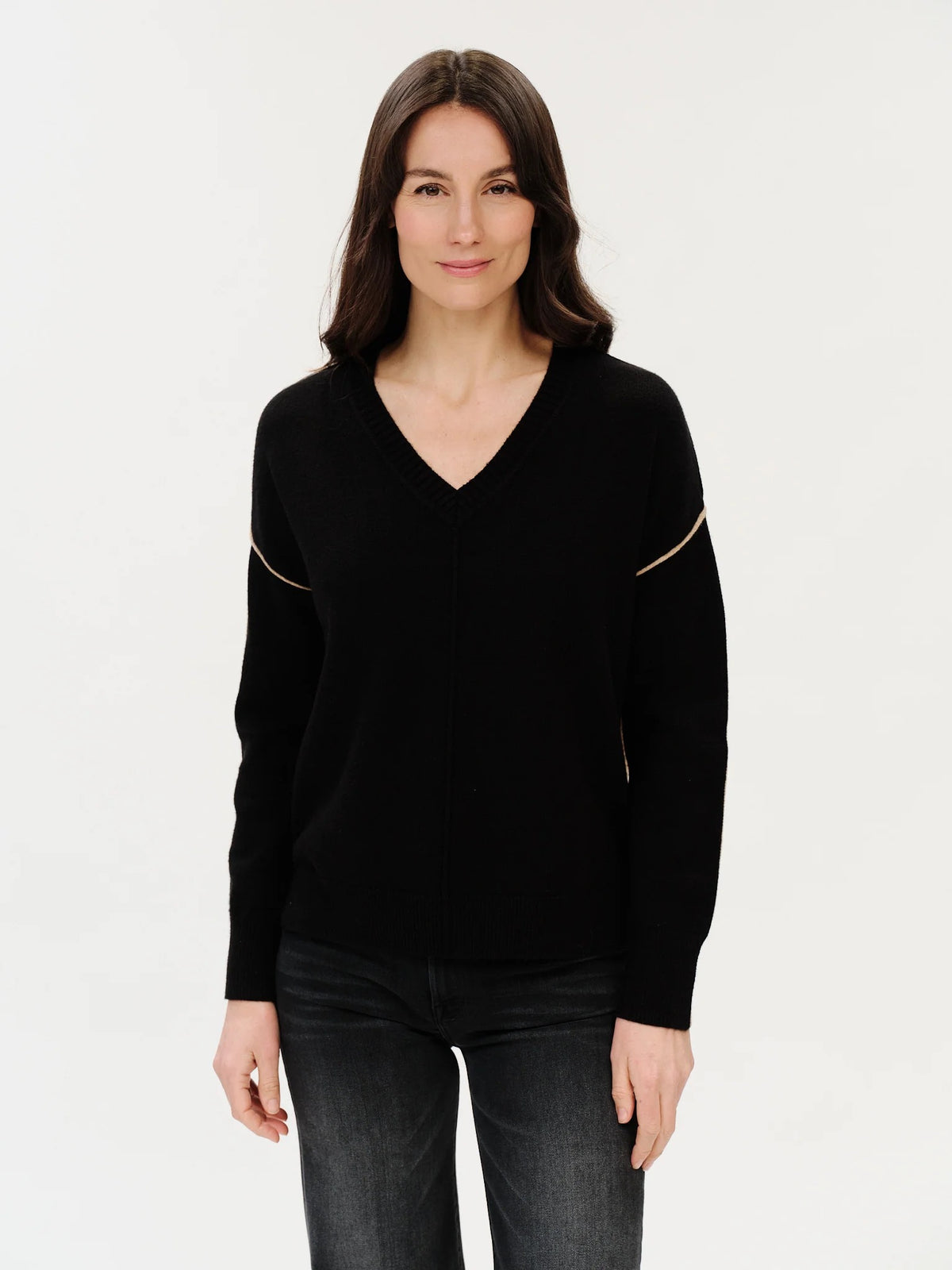 Fiore V-Neck Exposed Seam Sweater - Black Camel