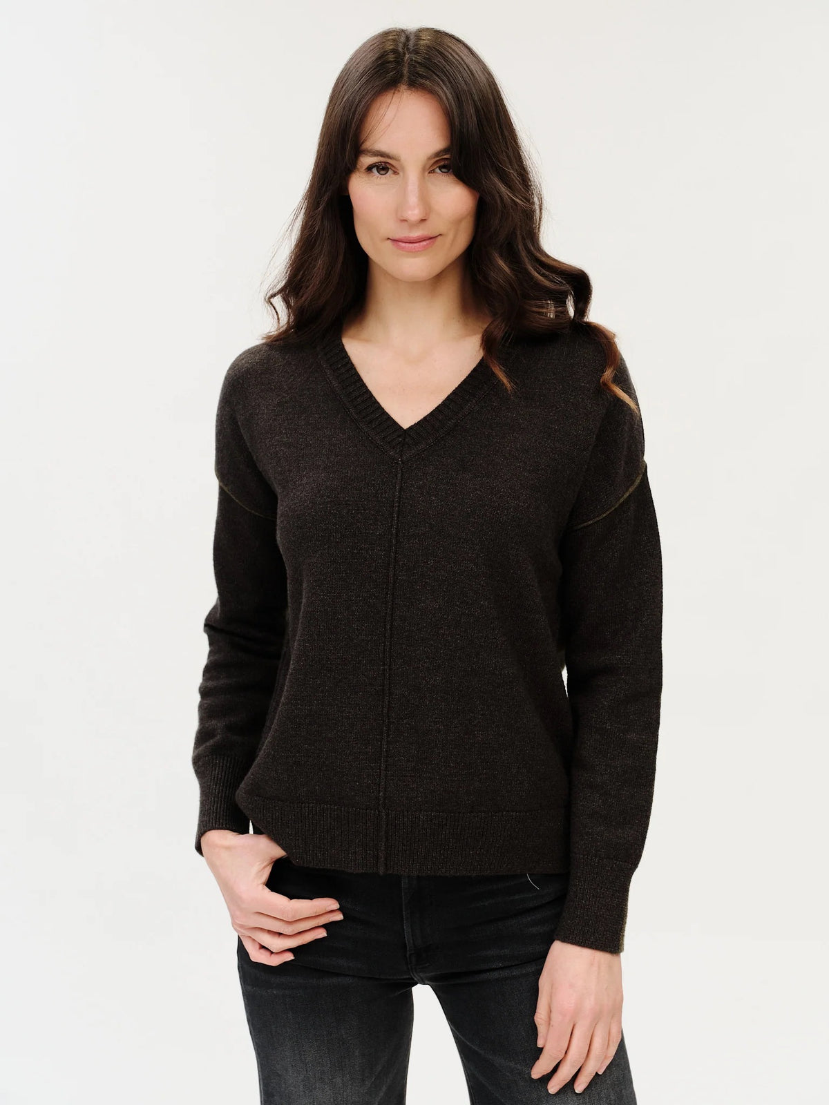 Fiore V-Neck Exposed Seam Sweater - Charcoal Olive