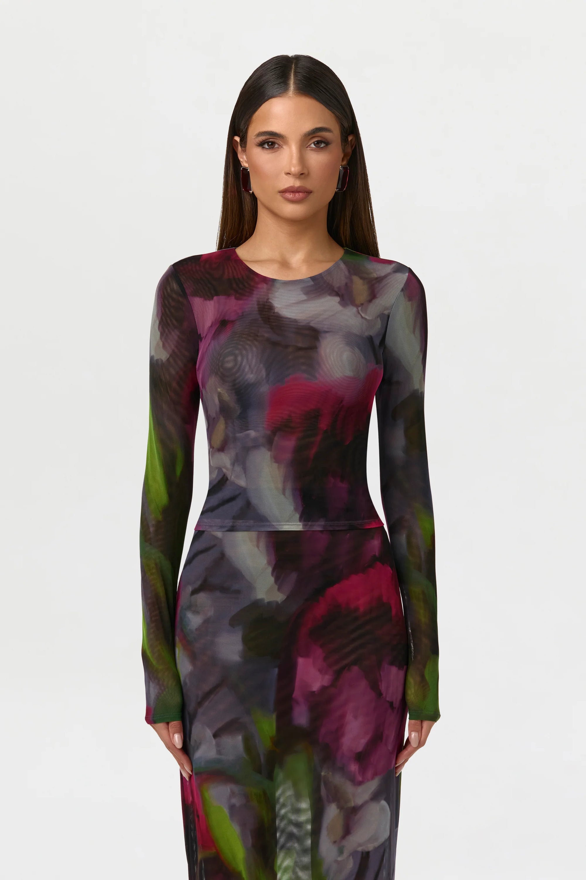 Mesh Print Crew Top - Baroque Bloom
