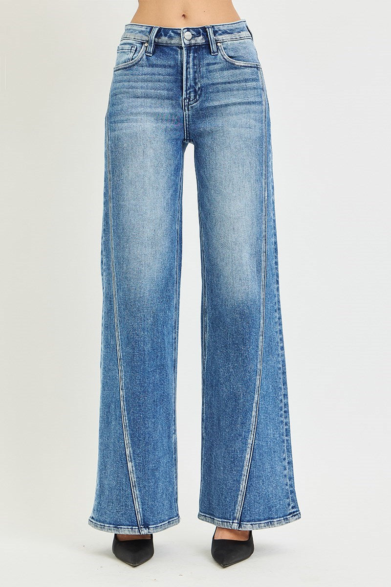 Tessa Wide Leg Jeans with Curved Seam &amp; Foil Details