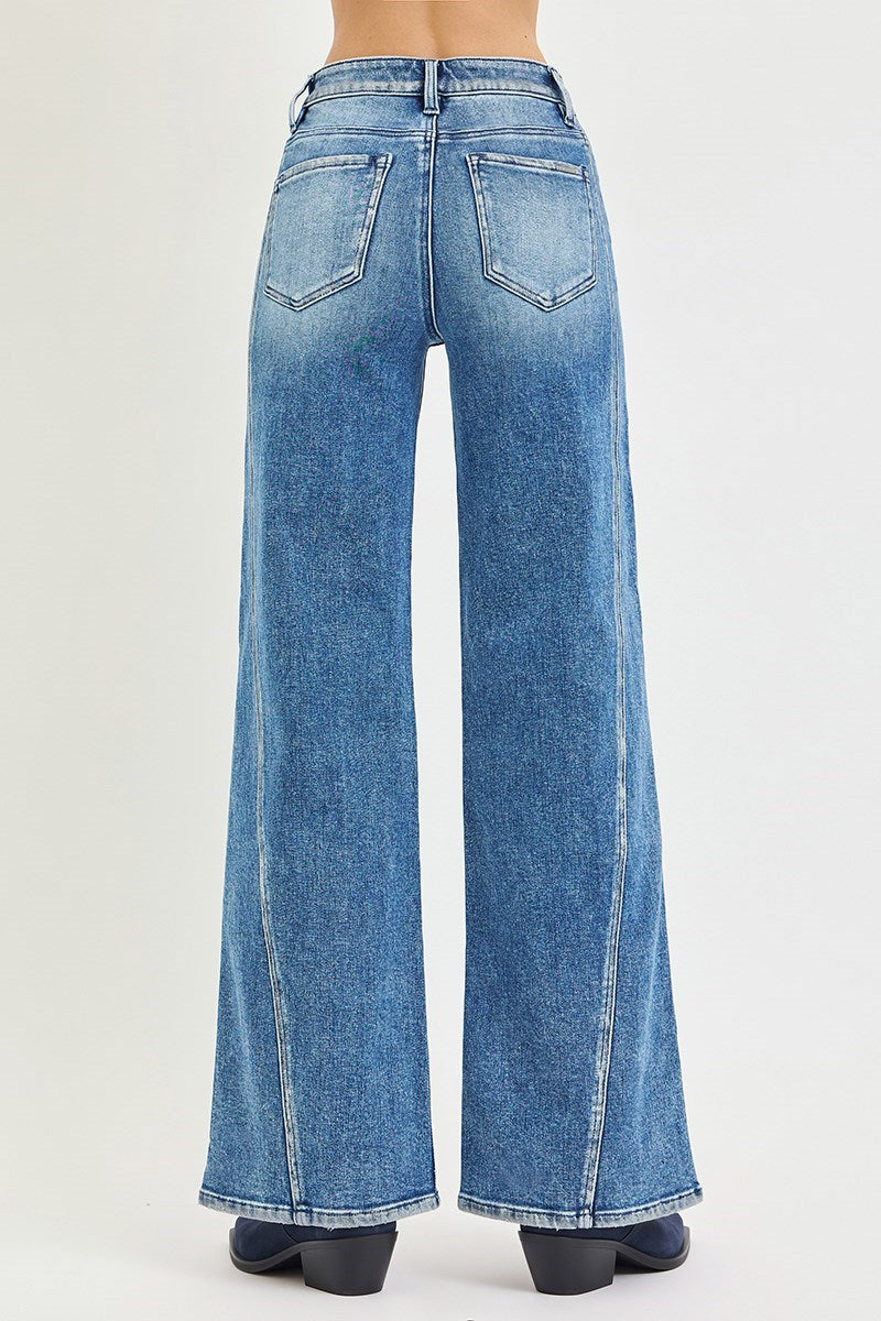 Tessa Wide Leg Jeans with Curved Seam &amp; Foil Details