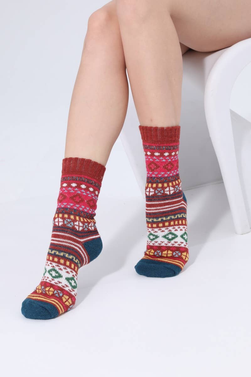 Retro Geometric Knit Crew Socks Winter Warm Ethnic Socks