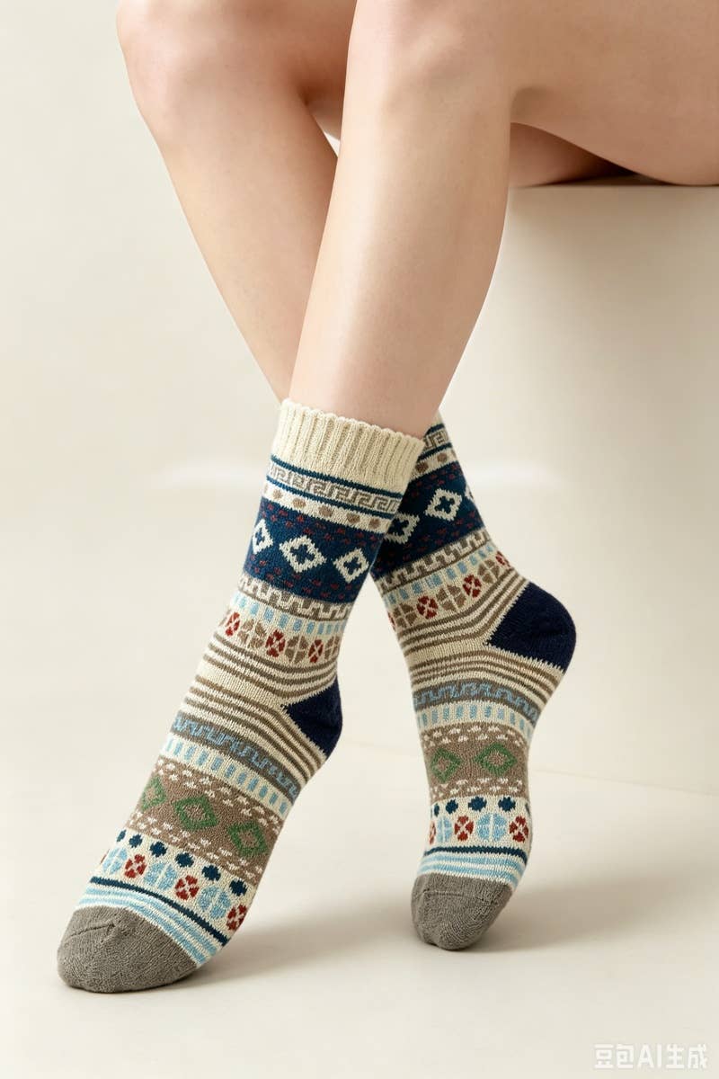 Retro Geometric Knit Crew Socks Winter Warm Ethnic Socks