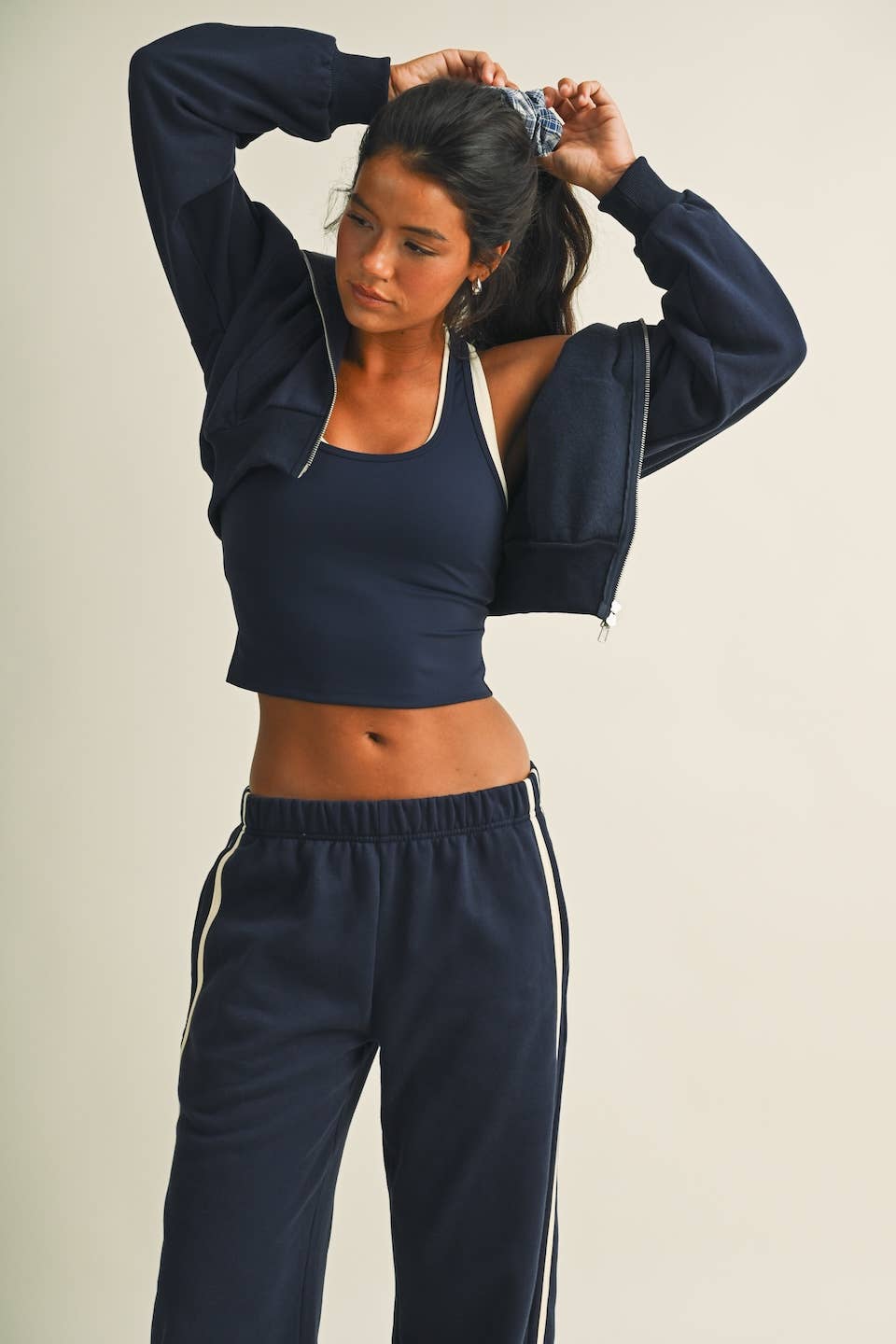 Side Stripe Cropped Zip Up Hoodie