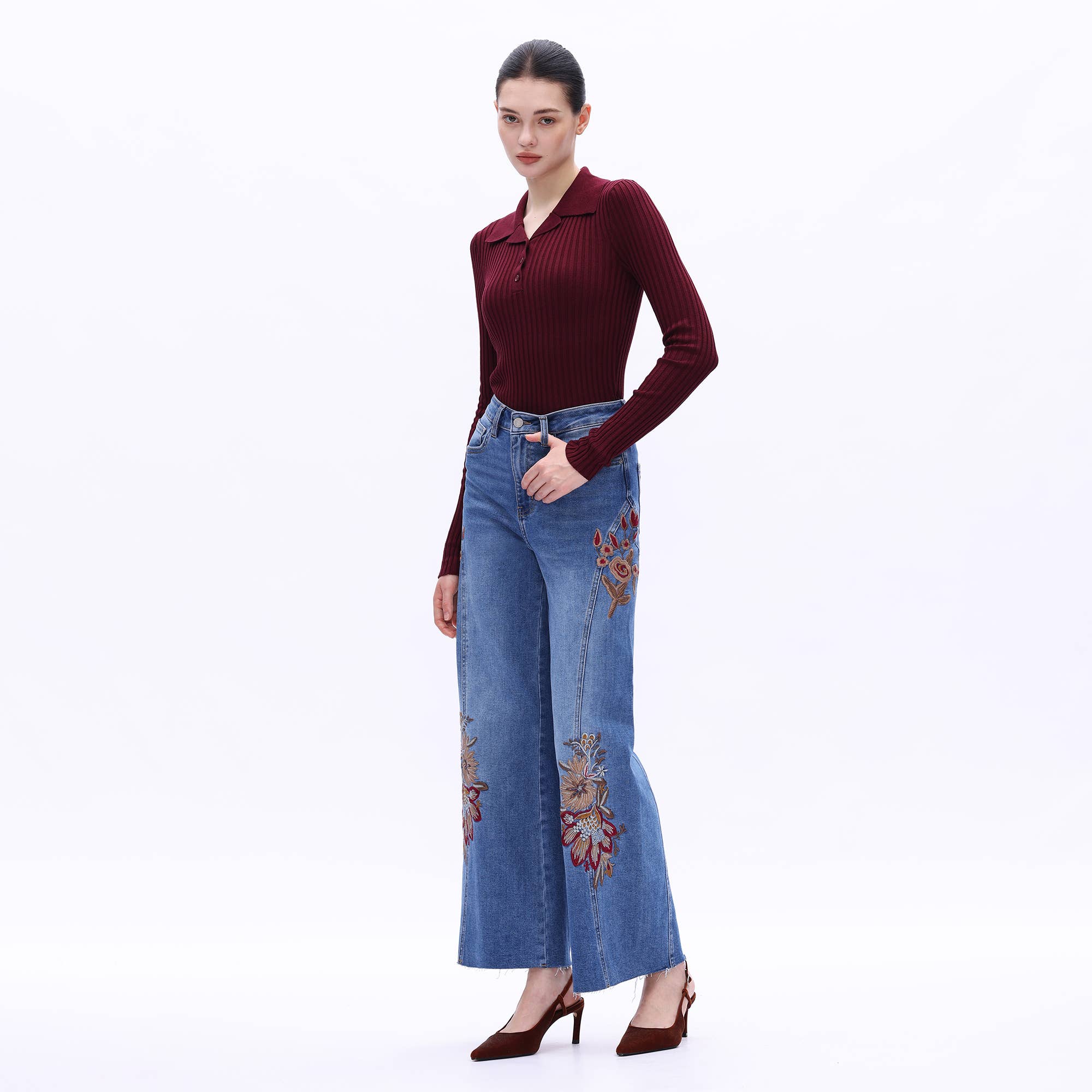 Emmy Embroidered Wide Leg Jeans with Raw Hem