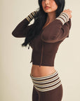 Slim Fit Zip Up Knit Sweater Hoodie with Striped Cuffs