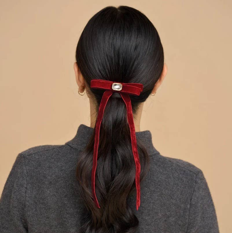 Velvet &amp; Gemstone Bow Hair Clip