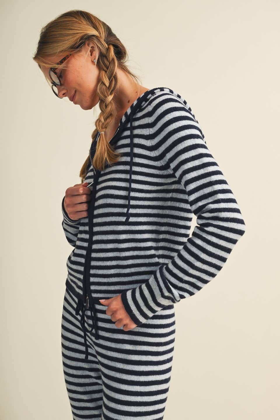 Striped Relaxed Zip Up Knit Sweater Hoodie