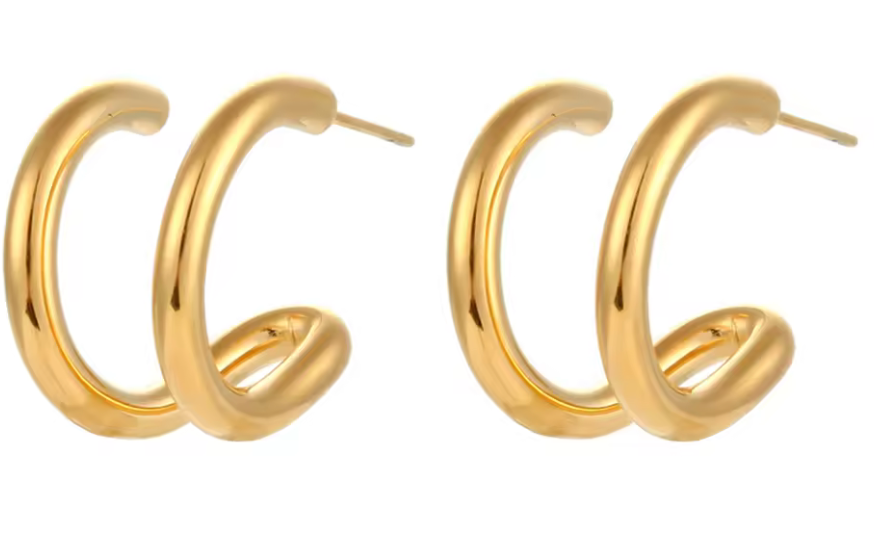 Double Huggie Hoop- TwoTone Steel earrings  18K Gold PVD