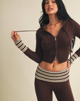 Slim Fit Zip Up Knit Sweater Hoodie with Striped Cuffs