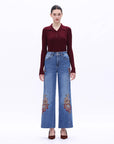 Emmy Embroidered Wide Leg Jeans with Raw Hem