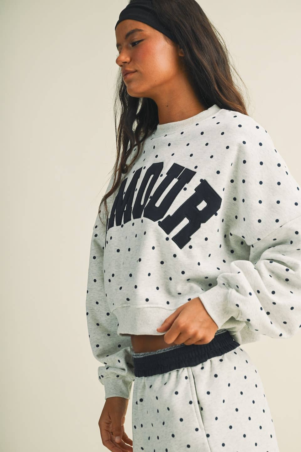 Amour Polka Dot Print Crewneck Crop Sweatshirt