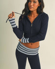 Slim Fit Zip Up Knit Sweater Hoodie with Striped Cuffs