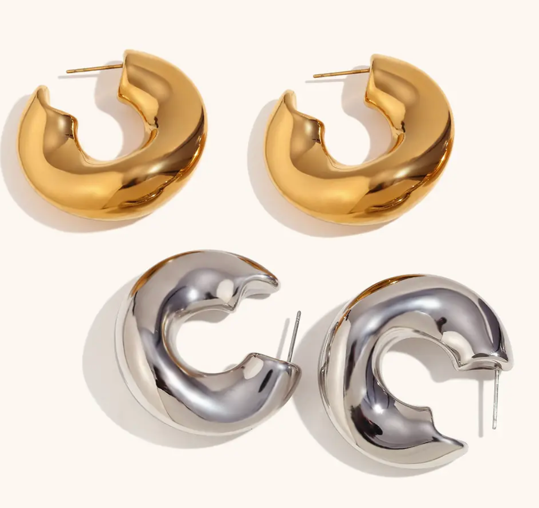 Wave-Puffy Hoop- Steel Earrings- 14K gold or Silver