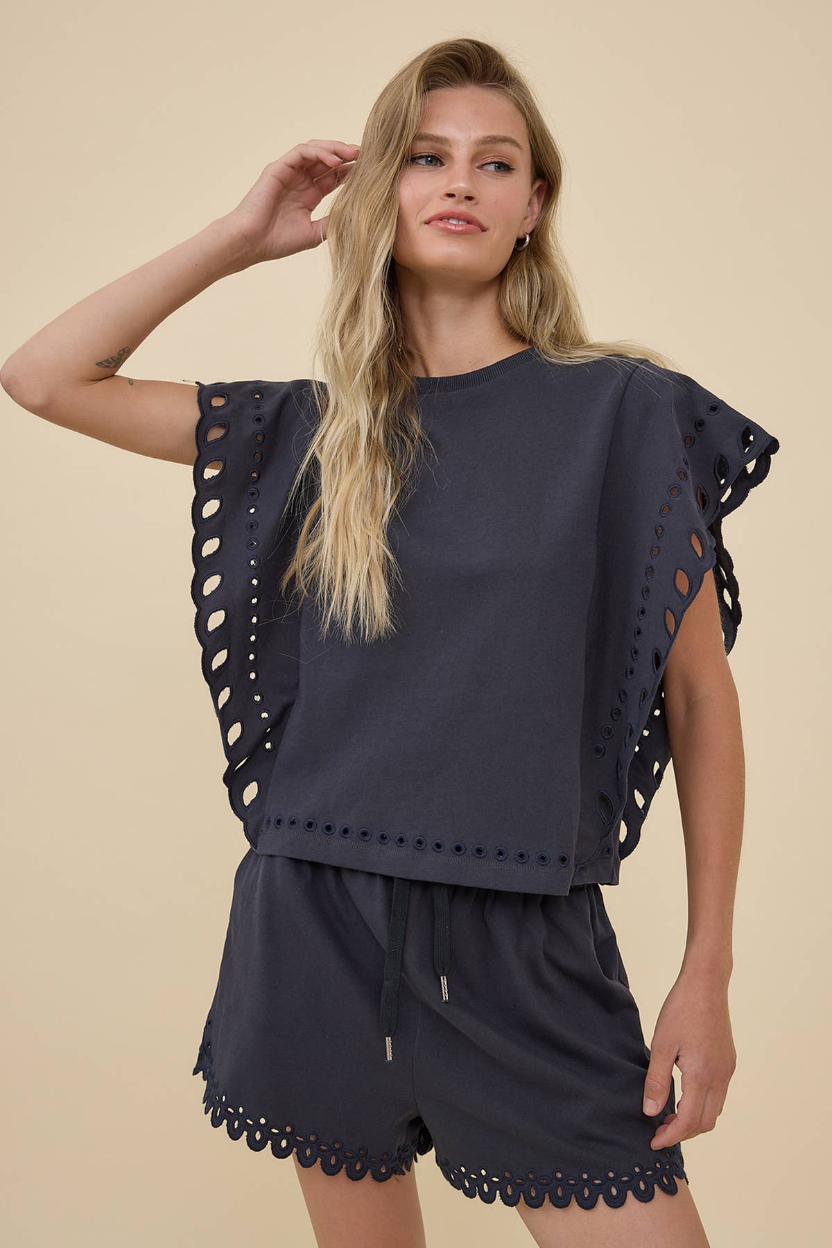 Poppy Eyelet Flutter Sleeve Top