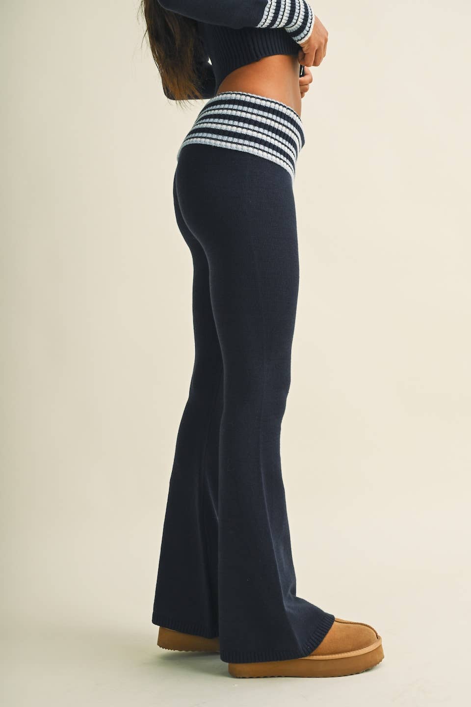 Striped Foldover Flare Knit Sweater Pants