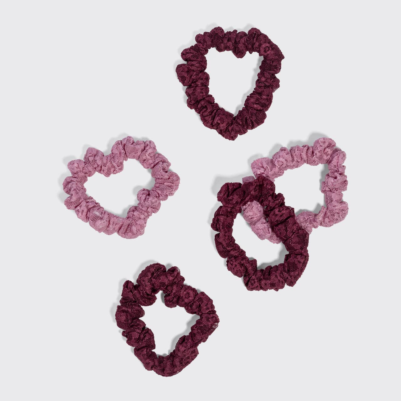 Ruched Lace Scrunchies 5pc Set - Cherry Lacquer &amp; Dusty Pink
