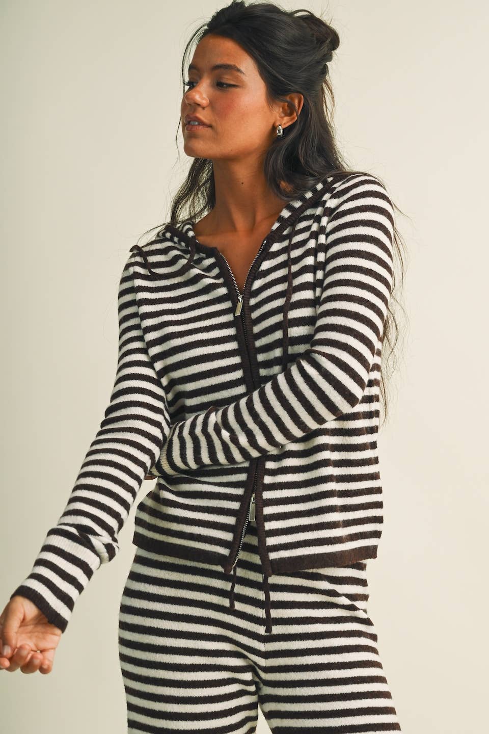 Striped Relaxed Zip Up Knit Sweater Hoodie