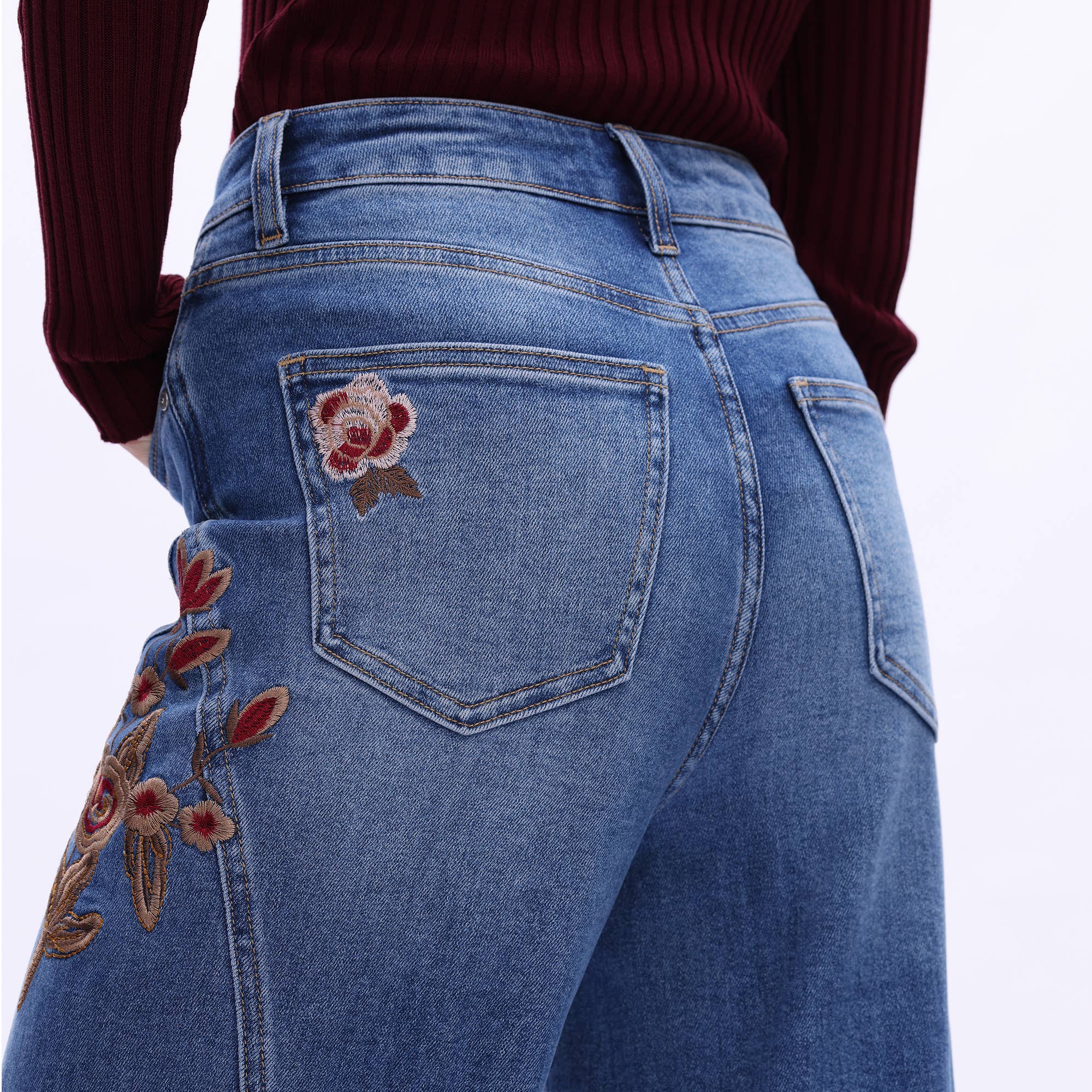 Emmy Embroidered Wide Leg Jeans with Raw Hem