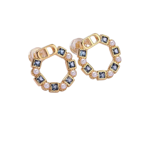 Small Circle Studs with Pearls and Blue Stones