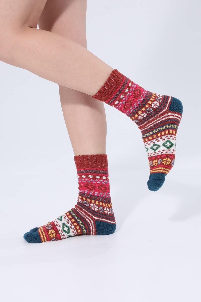 Retro Geometric Knit Crew Socks Winter Warm Ethnic Socks