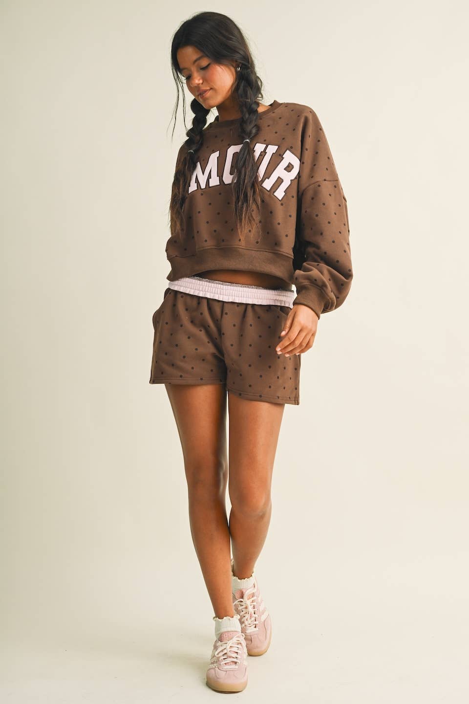 Amour Polka Dot Print Crewneck Crop Sweatshirt