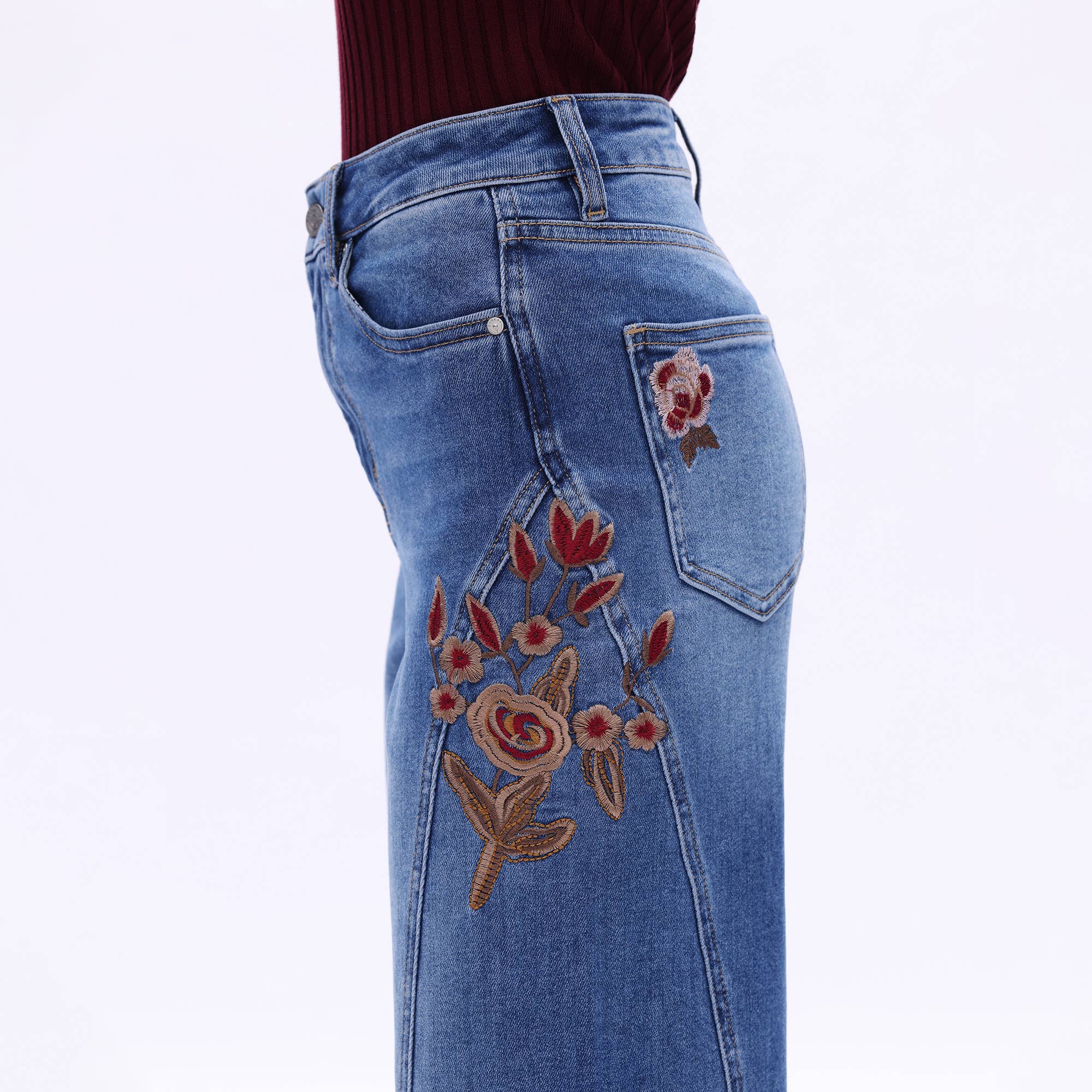 Emmy Embroidered Wide Leg Jeans with Raw Hem