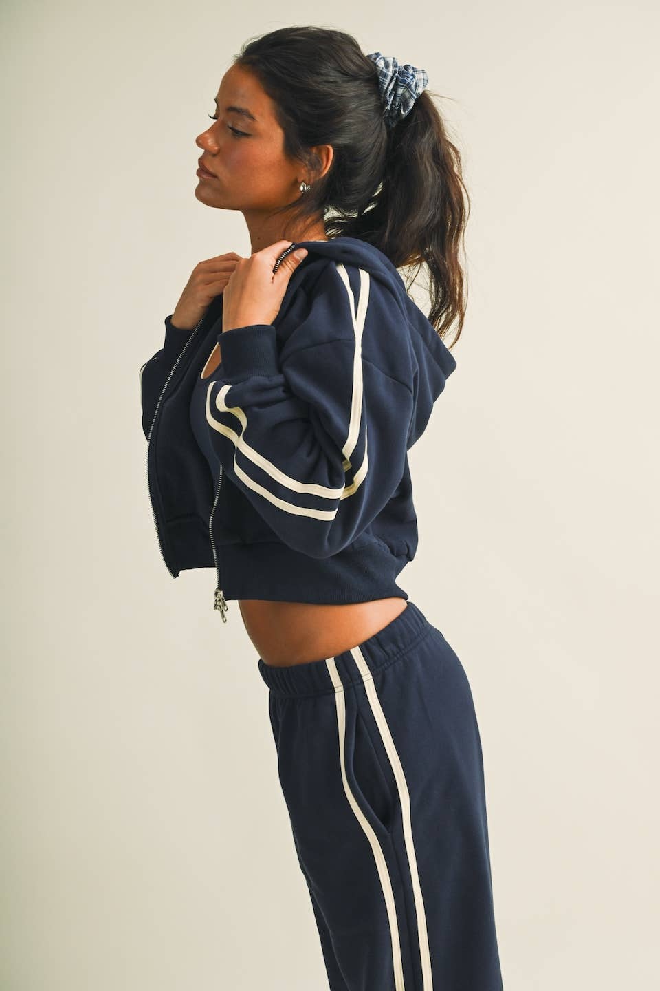 Side Stripe Cropped Zip Up Hoodie