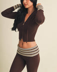 Slim Fit Zip Up Knit Sweater Hoodie with Striped Cuffs