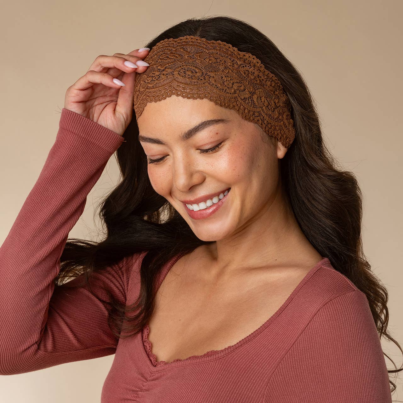 Wide Lace Elastic Headbands 2pc Set - Mocha &amp; Chocolate
