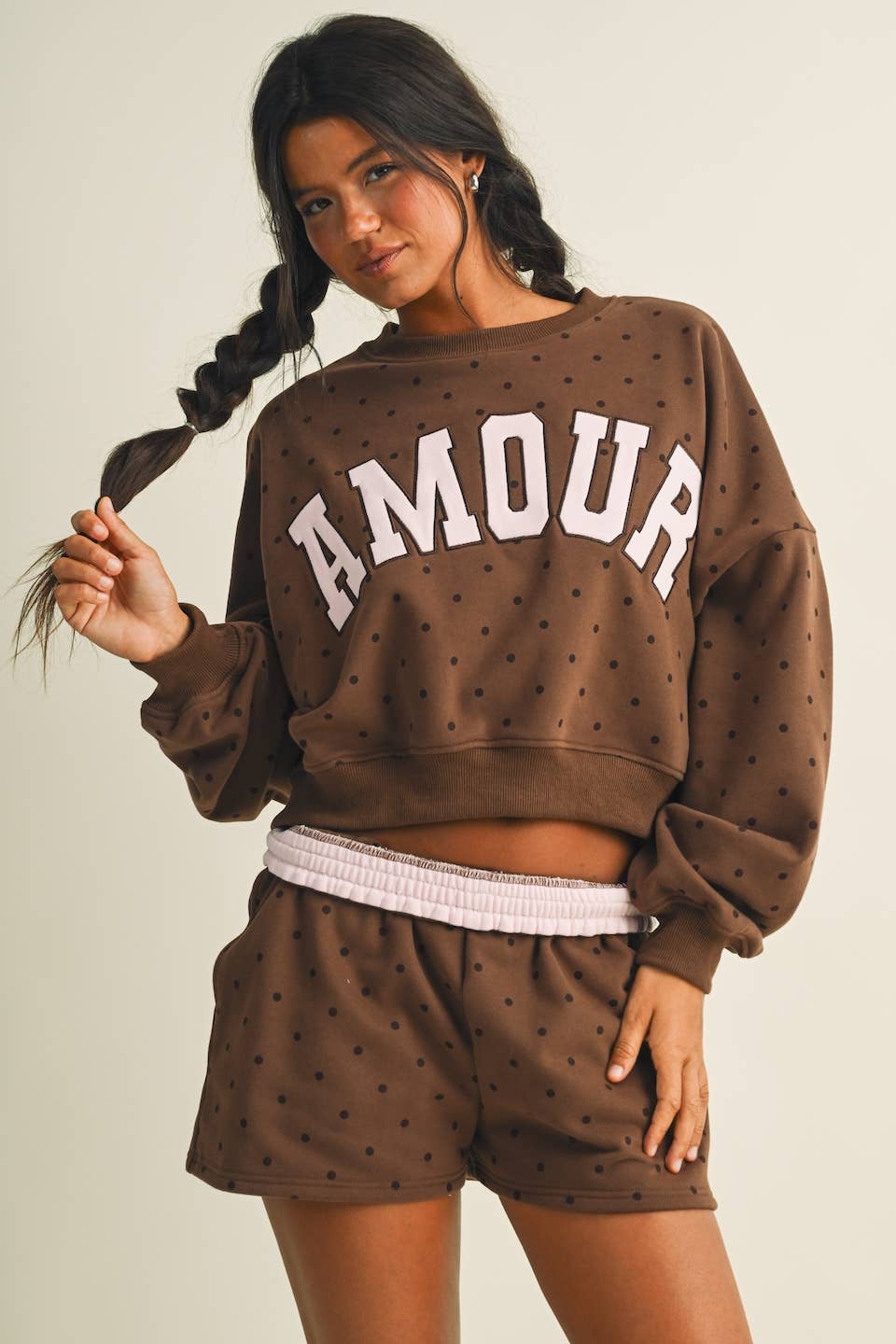 Amour Polka Dot Print Crewneck Crop Sweatshirt
