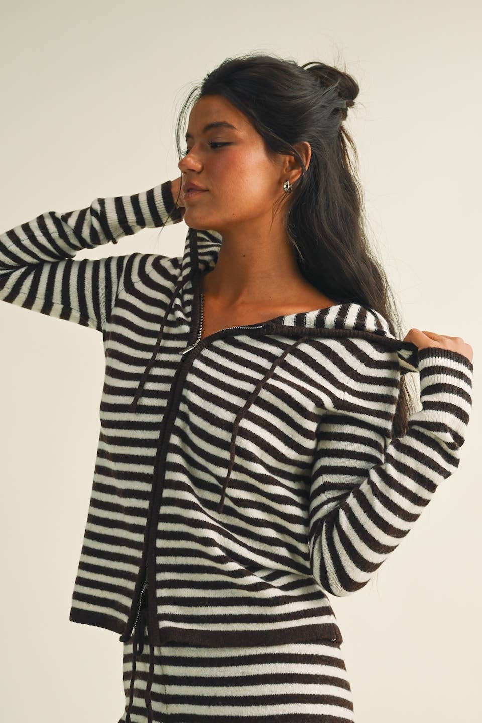 Striped Relaxed Zip Up Knit Sweater Hoodie