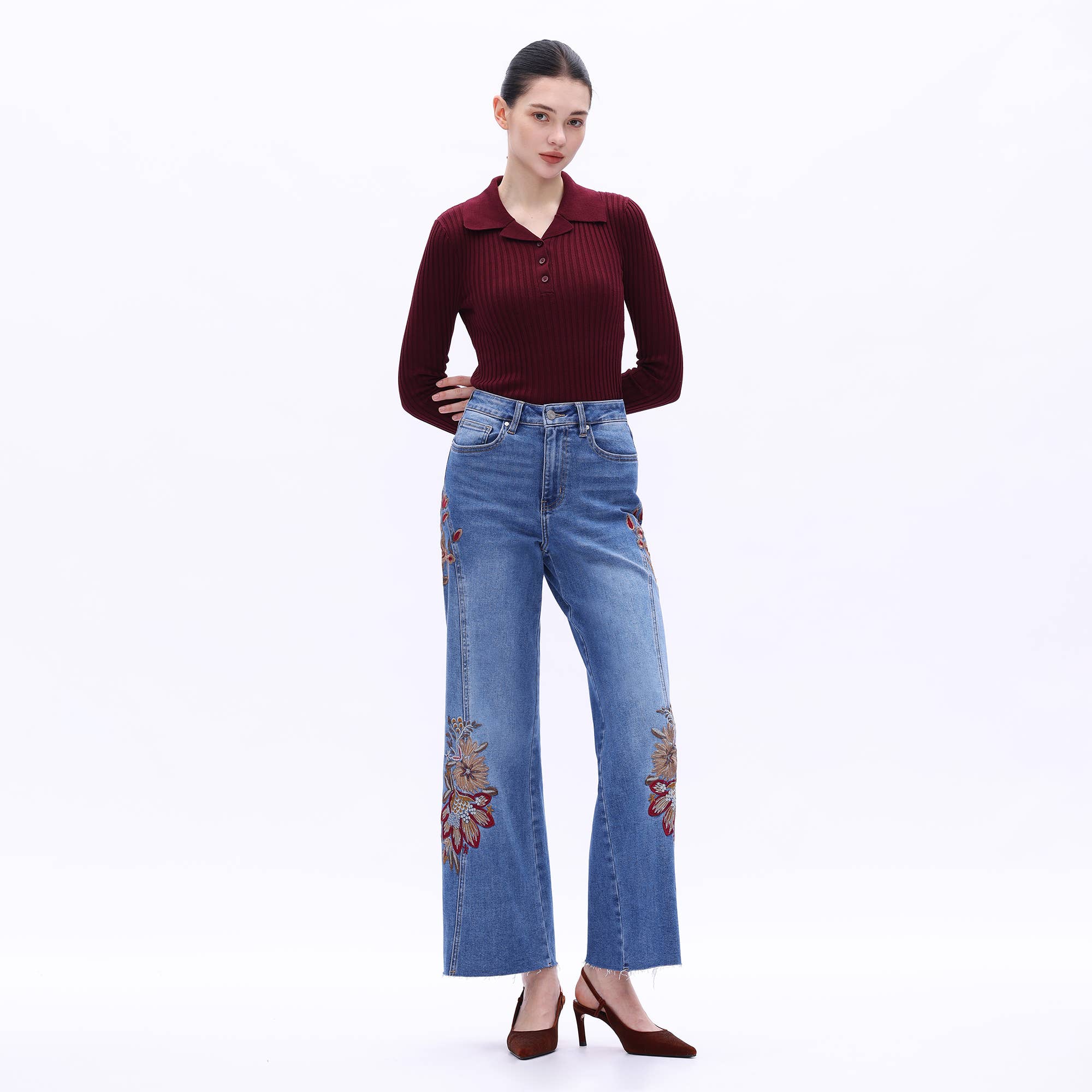 Emmy Embroidered Wide Leg Jeans with Raw Hem