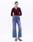Emmy Embroidered Wide Leg Jeans with Raw Hem