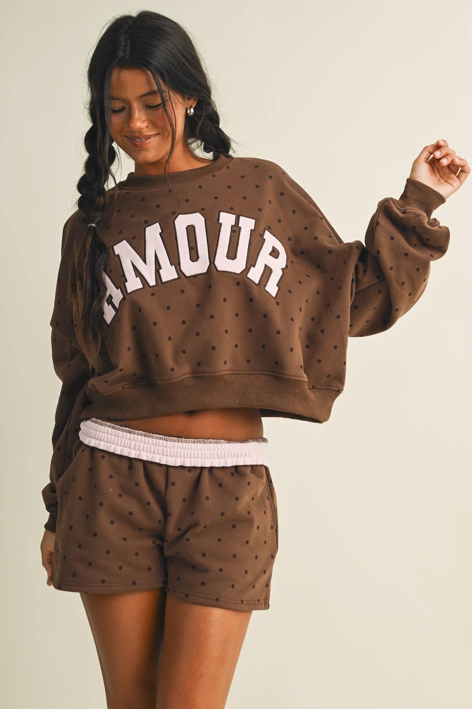Amour Polka Dot Print Crewneck Crop Sweatshirt