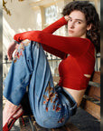 Emmy Embroidered Wide Leg Jeans with Raw Hem