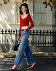 Emmy Embroidered Wide Leg Jeans with Raw Hem