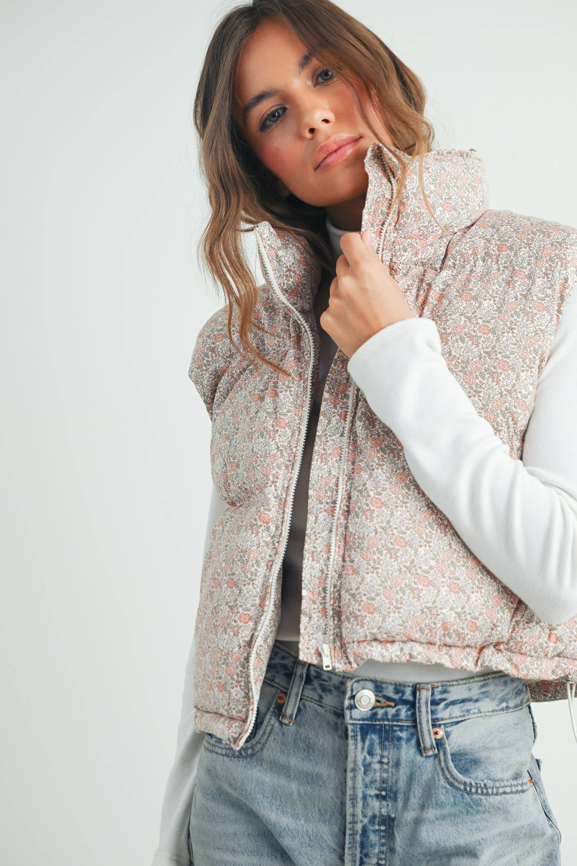High Neck Floral Puffer Vest