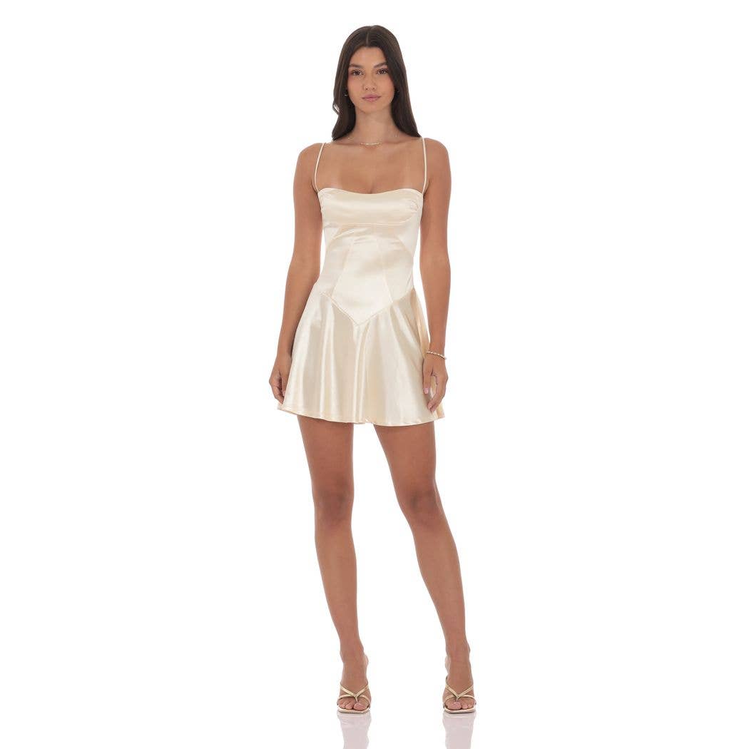 Lucy in the Sky Satin V-Drop Waist Dress in Champagne