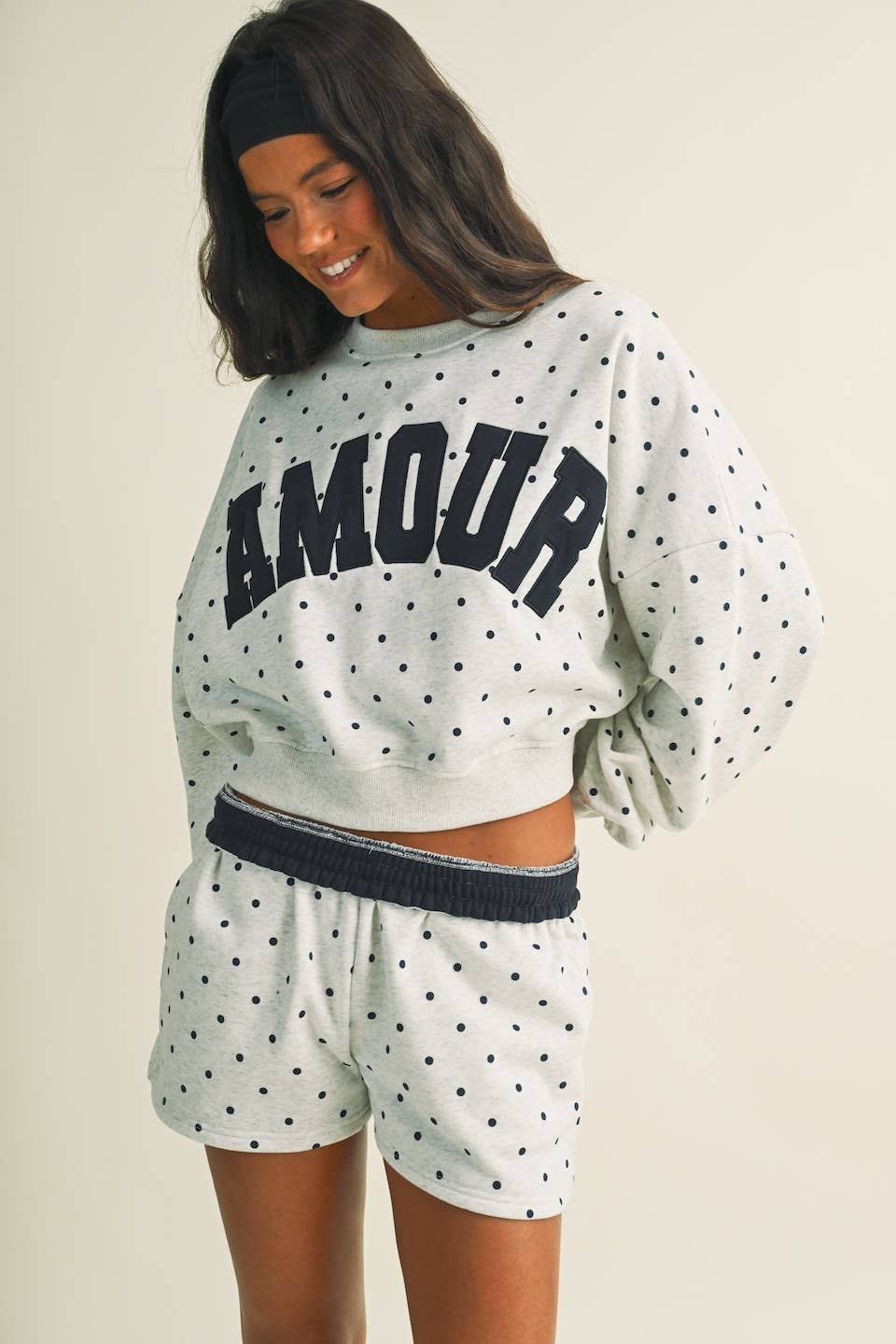 Amour Polka Dot Print Crewneck Crop Sweatshirt