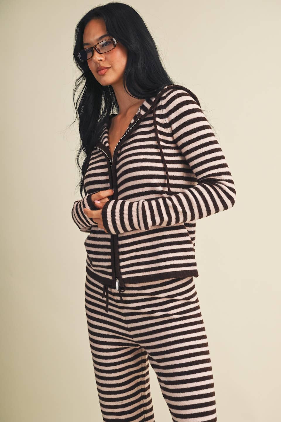 Striped Relaxed Zip Up Knit Sweater Hoodie