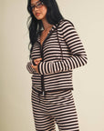 Striped Relaxed Zip Up Knit Sweater Hoodie